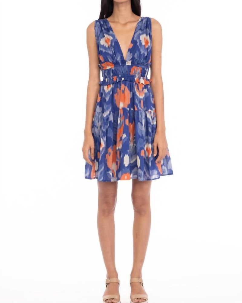 Front of a model wearing a size L Victoria Dress in Ikat Floral Soladite in Ikat Floral Soladite by BANJANAN. | dia_product_style_image_id:342745